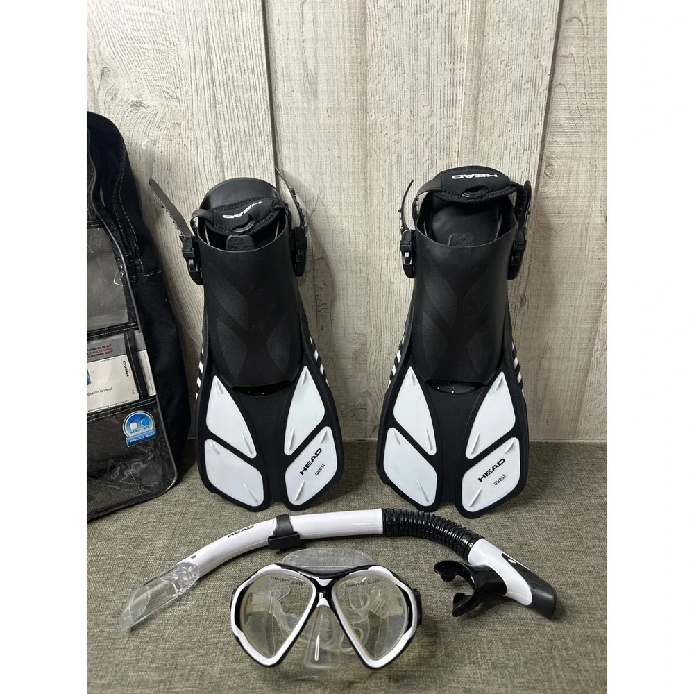 HEAD Quest Adult Silicone Snorkeling Set Black White Mask Fins Snorkel Bag L/XL - Picture 3 of 8